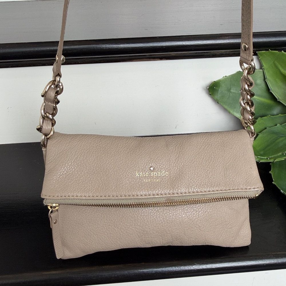 Kate Spade genuine leather taupe foldover crossbody shoulder purse bag neutral